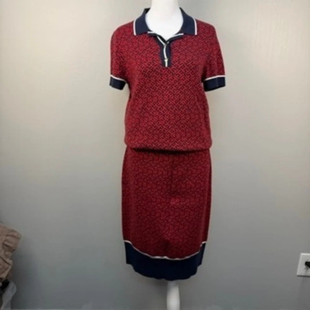 Tommy Hilfiger Knit Polo Top and Skirt Set Red Navy Geometric Preppy‎ Medium